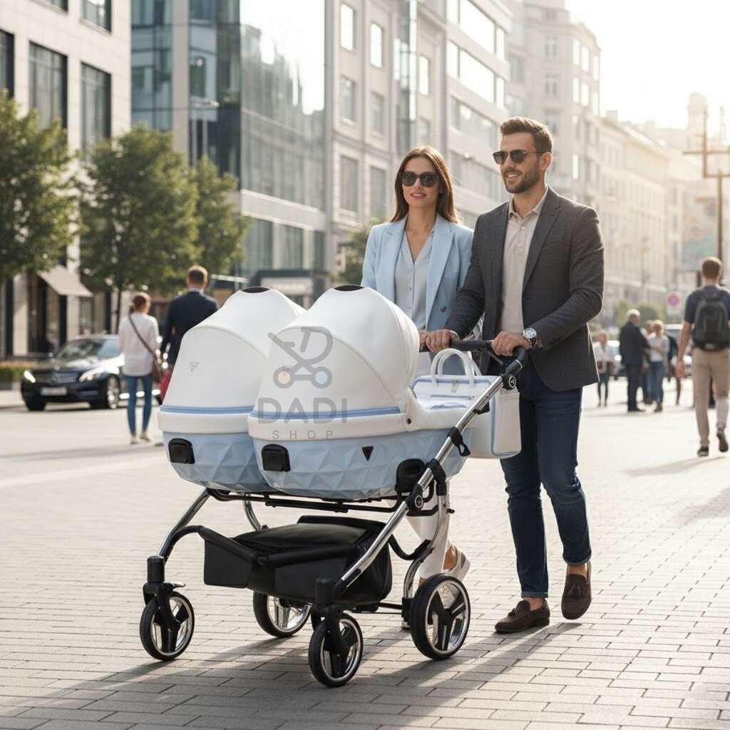 Para prowadzi niebieski wózek bliźniaczy Junama Candy Duo V2 02 Blue z dwiema gondolami po miejskim deptaku.