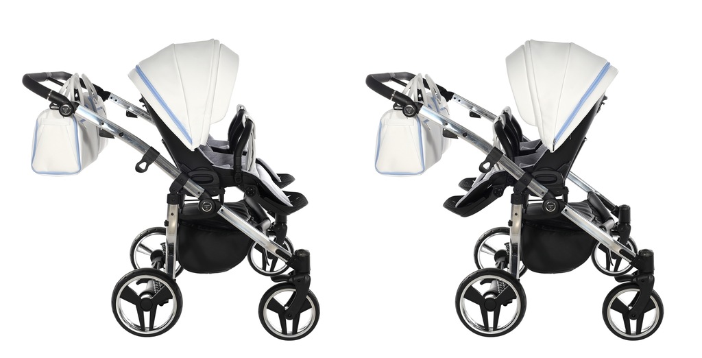 Prezentacja możliwości wpięcia siedzisk przodem i tyłem w wózku Junama Candy Duo V2 02 Blue.