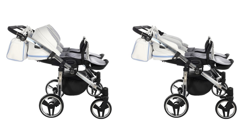 Prezentacja regulacji oparcia do pozycji leżącej w spacerówce Junama Candy Duo V2 02 Blue.