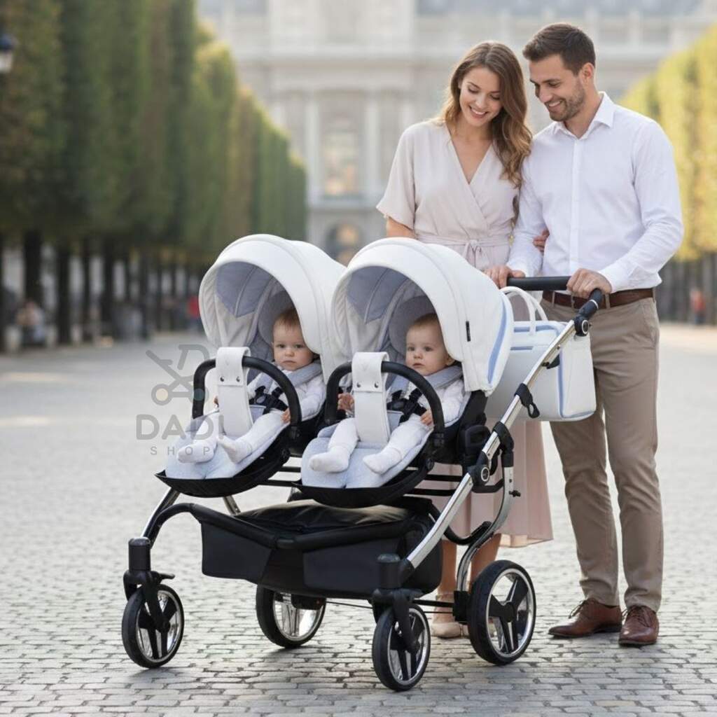 Uśmiechnięci rodzice prowadzą niebieski wózek bliźniaczy Junama Candy Duo V2 w wersji spacerowej.