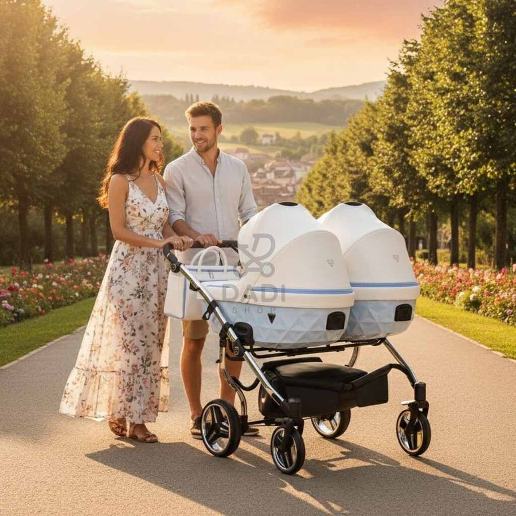 Para na spacerze w parku prowadzi niebieski wózek bliźniaczy Junama Candy Duo V2 w promieniach słońca.