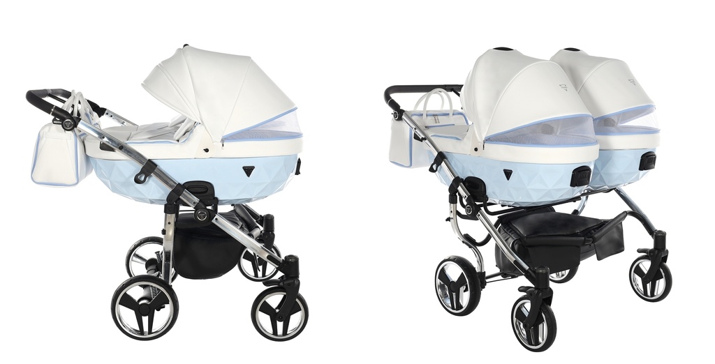 System wentylacji w gondolach wózka bliźniaczego Junama Candy Duo V2 02 Blue – ujęcie z boku i z tyłu.