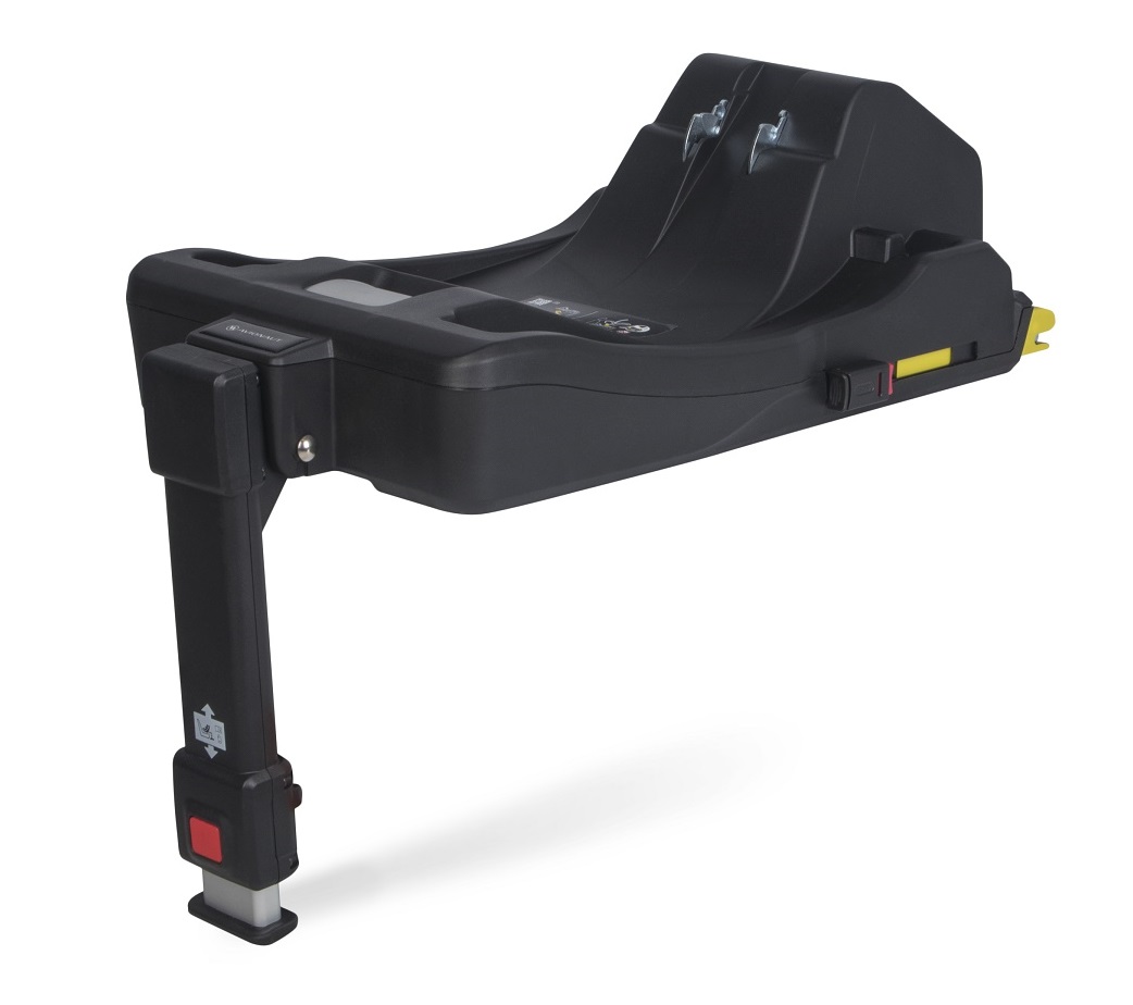 Czarna baza ISOFIX Dock 2 do fotelika samochodowego ze stabilizującą nogą wspierającą i wskaźnikami montażu.