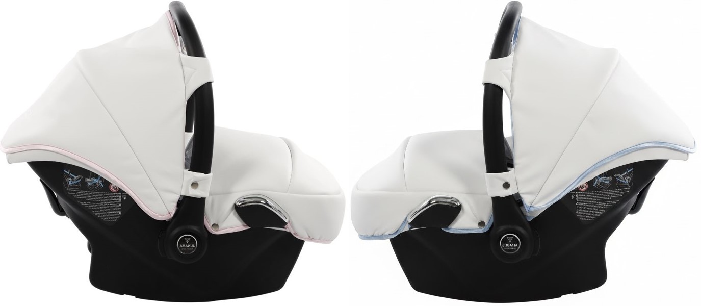 Białe foteliki samochodowe Junama Candy Duo V2 z różową i niebieską lamówką, widok z profilu na białym tle.