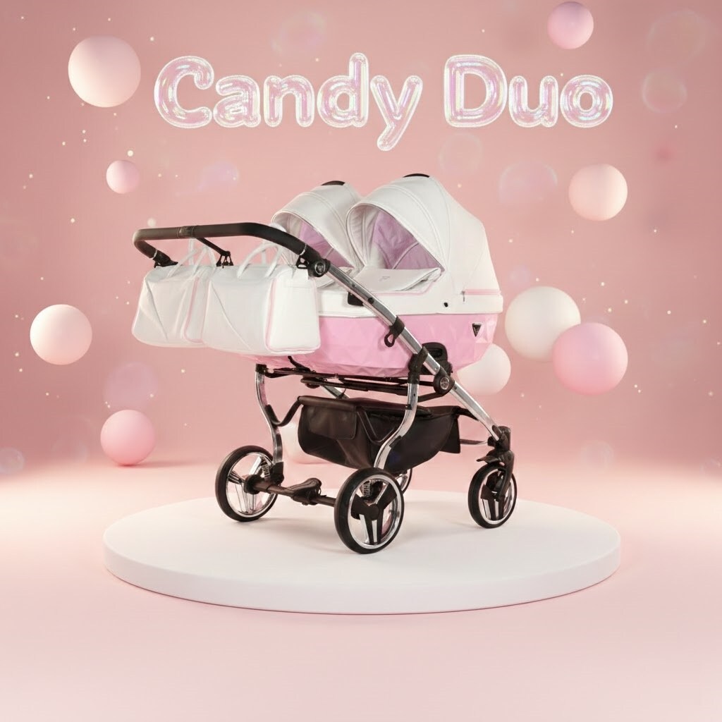Wózek Junama Candy Duo V2 01 Pink na podeście w różowym, cukierkowym studiu z kulami.