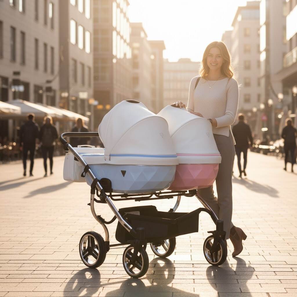 Modelka przy wózku bliźniaczym Junama Candy Duo V2 Pink Blue w słonecznej scenerii miejskiej.