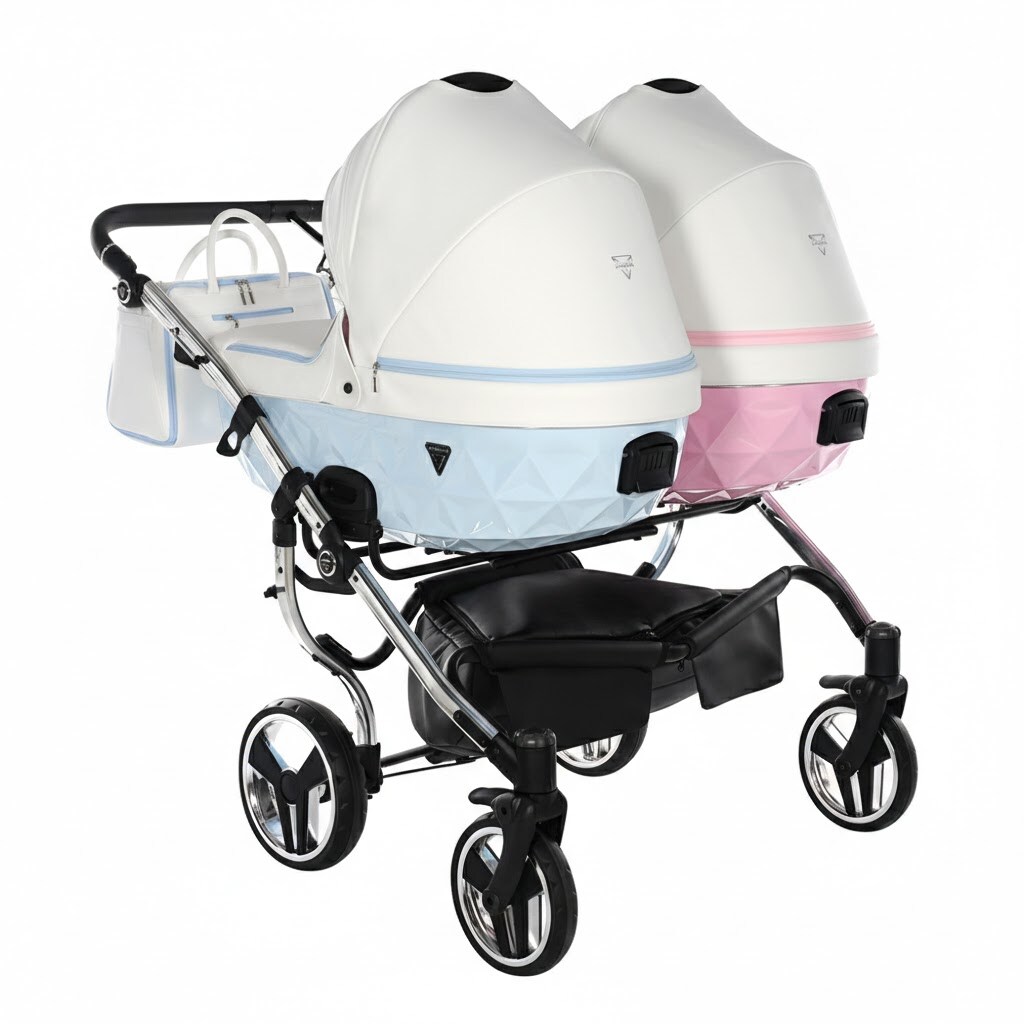Wózek bliźniaczy Junama Candy Duo V2 Pink Blue – błękitna i różowa gondola z diamentową strukturą.