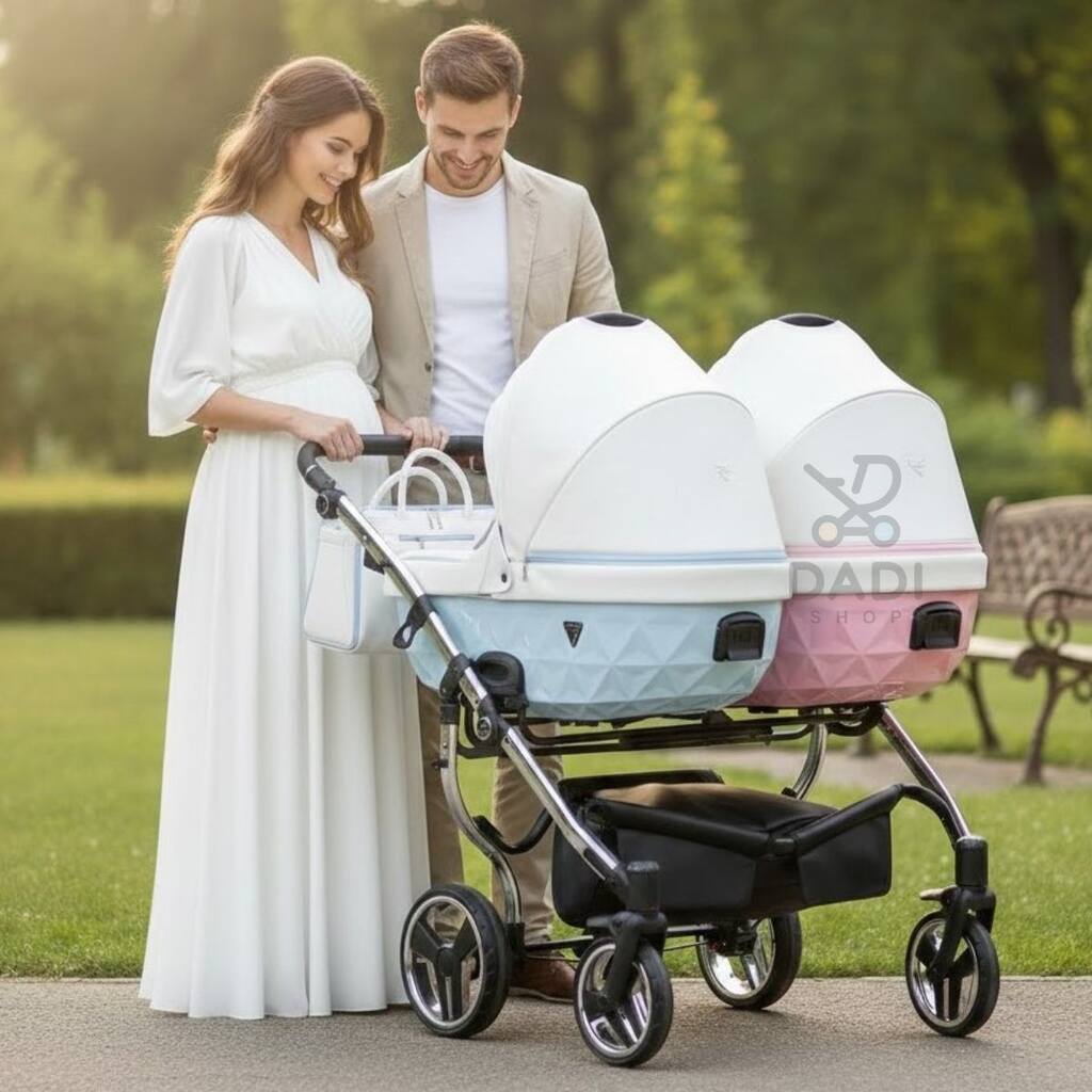 Para w parku przy wózku bliźniaczym Junama Candy Duo V2 Pink Blue – błękitna i różowa gondola w plenerze.