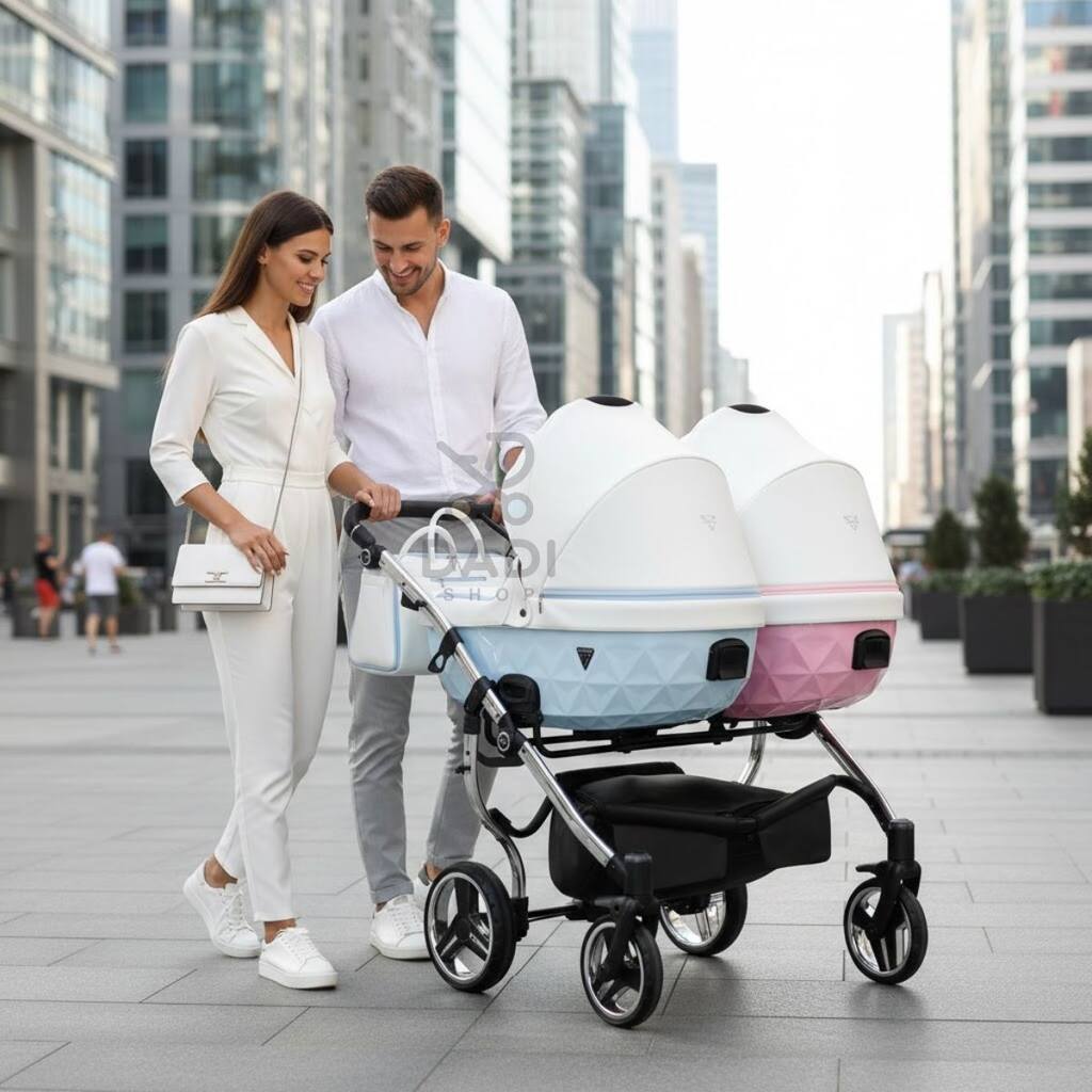 Spacer z wózkiem Junama Candy Duo V2 – modelka i model przy różowo-niebieskim wózku dla bliźniąt.