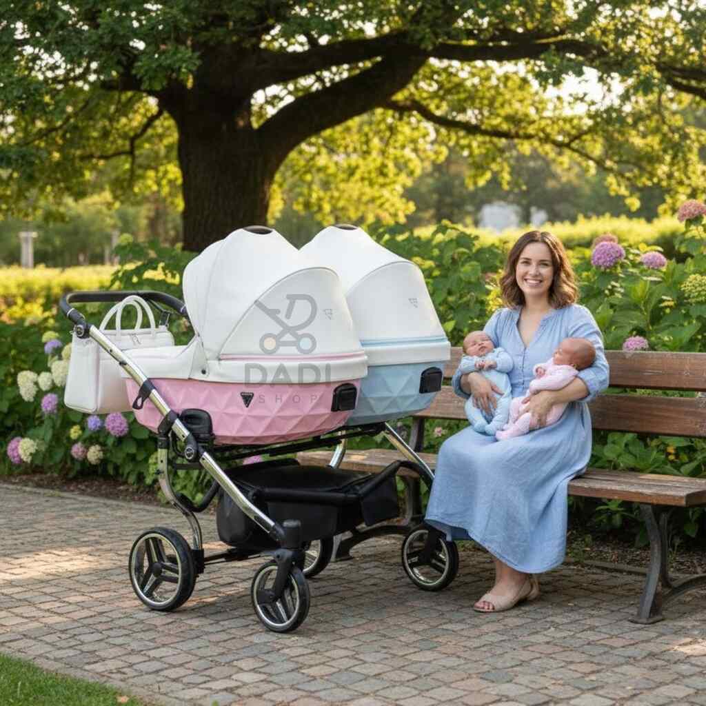 Kobieta z bliźniętami na rękach przy wózku Junama Candy Duo V2 Pink Blue w ogrodzie na tle hortensji.