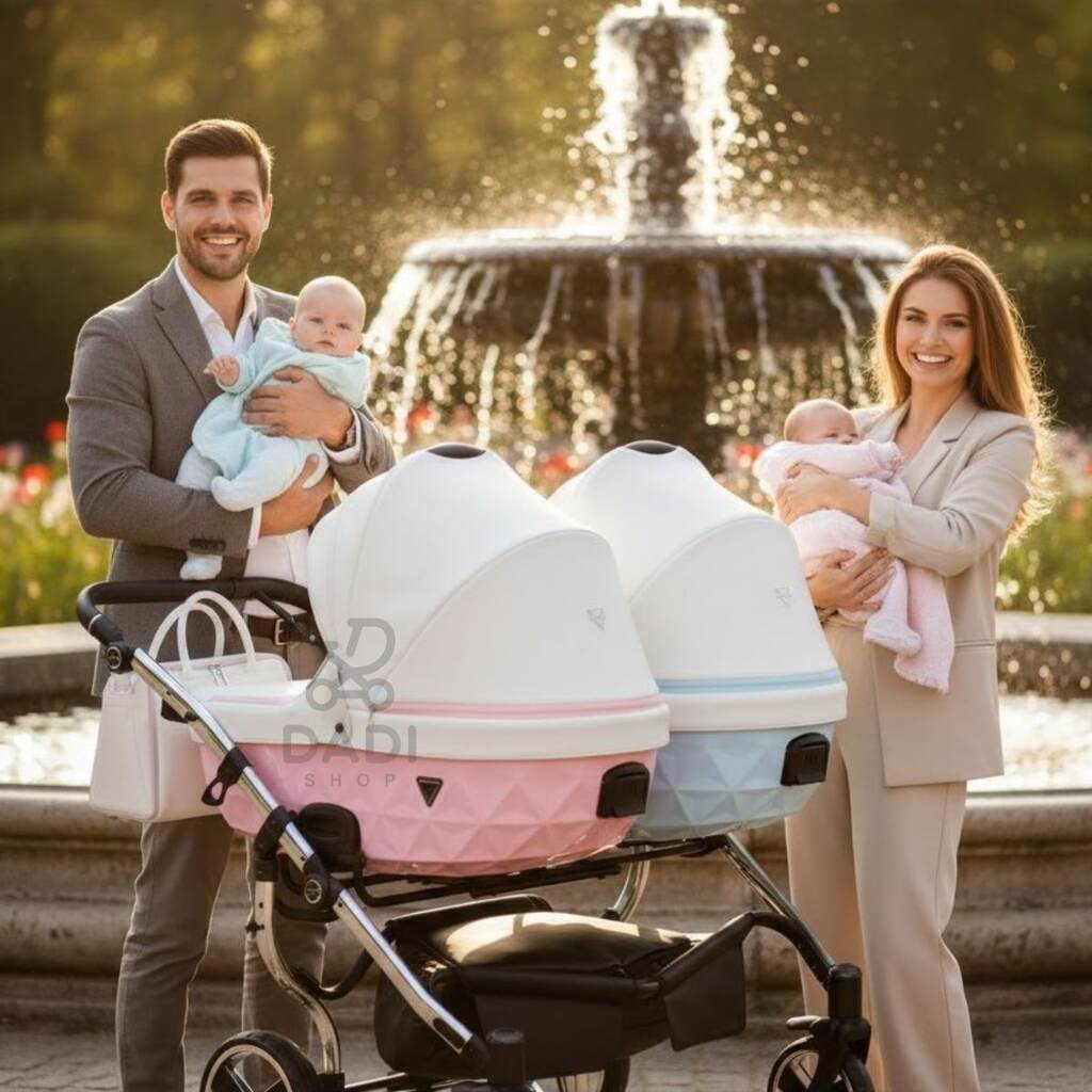 Rodzinna sesja przy fontannie z wózkiem Junama Candy Duo V2 Pink Blue – rodzice z niemowlętami.