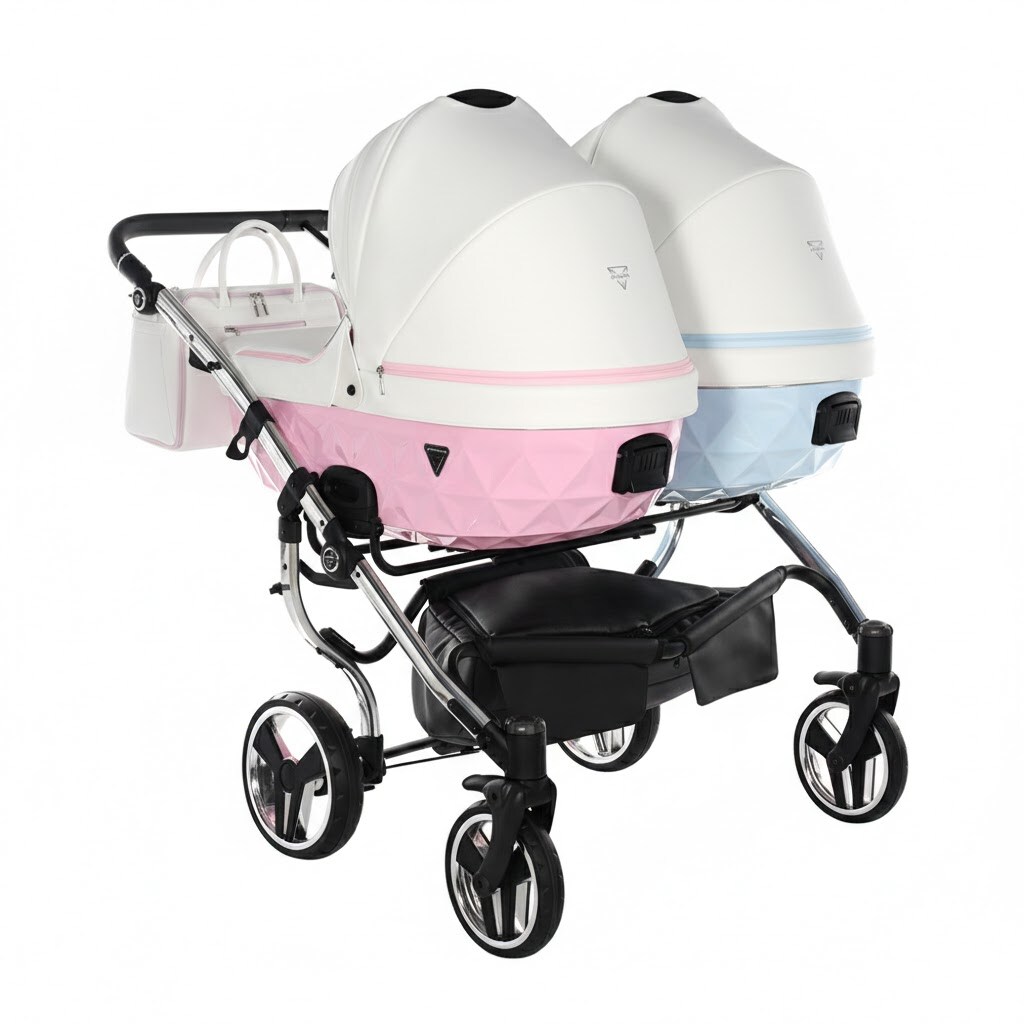 Wózek bliźniaczy Junama Candy Duo V2 Pink Blue – błękitna i różowa gondola z diamentową strukturą.