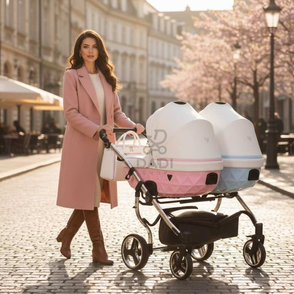 Modelka w różowym płaszczu na spacerze z wózkiem bliźniaczym Junama Candy Duo V2 Pink Blue na starym mieście.