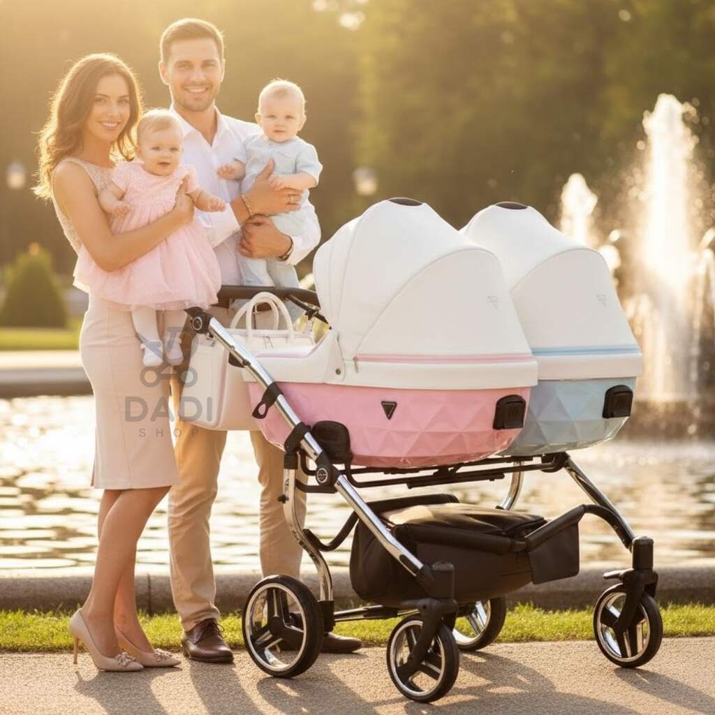 Rodzina z dziećmi przy różowo-niebieskim wózku Junama Candy Duo V2 na tle fontanny w słoneczny dzień.