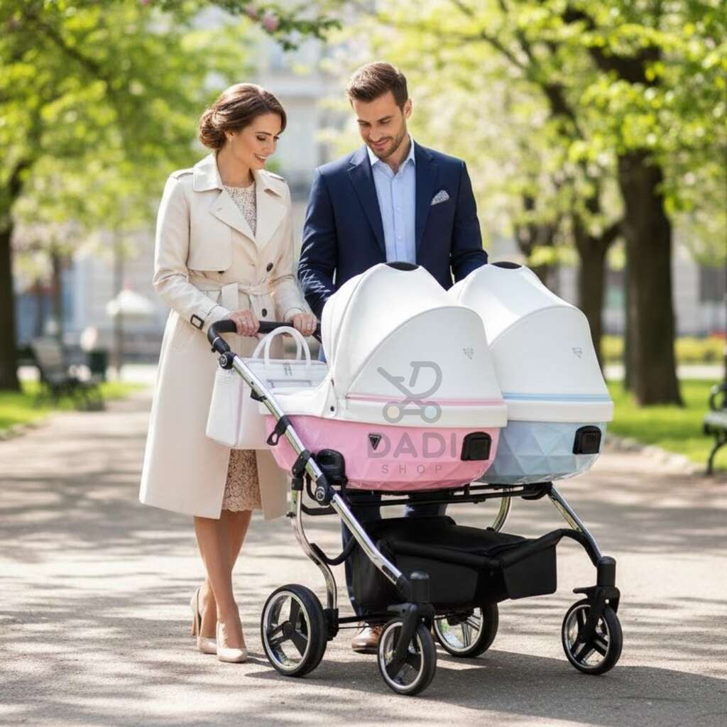 Para prowadzi różowo-niebieski wózek bliźniaczy Junama Candy Duo V2 w słoneczny dzień w parku.