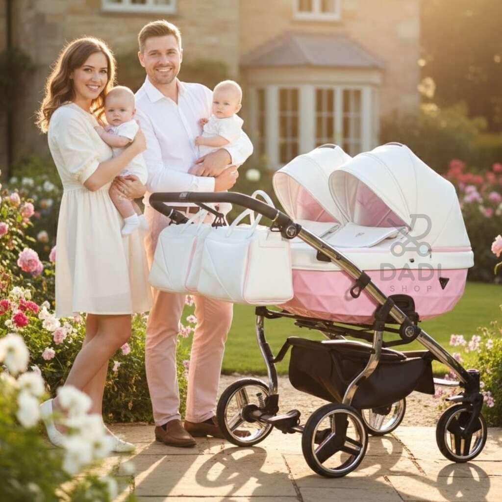 Uśmiechnięci rodzice z bliźniaczkami przy różowo-białym wózku Junama Candy Duo V2 w ogrodzie pełnym kwiatów.