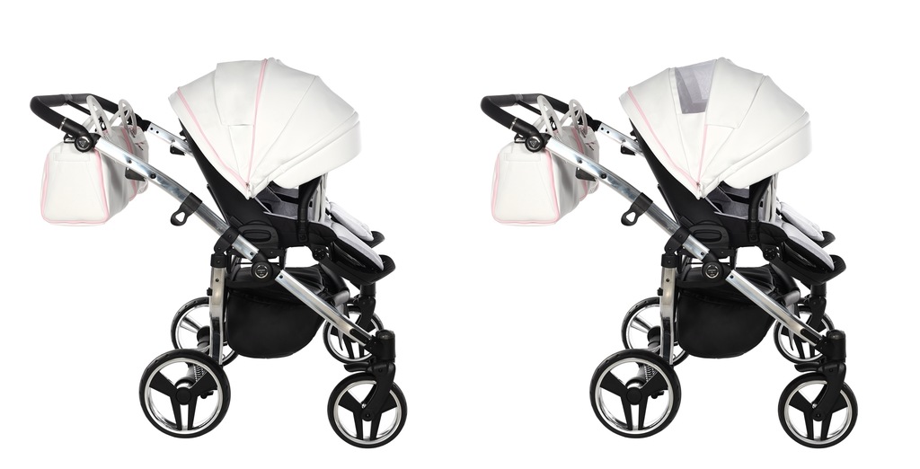 Wózek Junama Candy Duo V2 01 Pink – prezentacja okienka wentylacyjnego i rozkładanej budki.