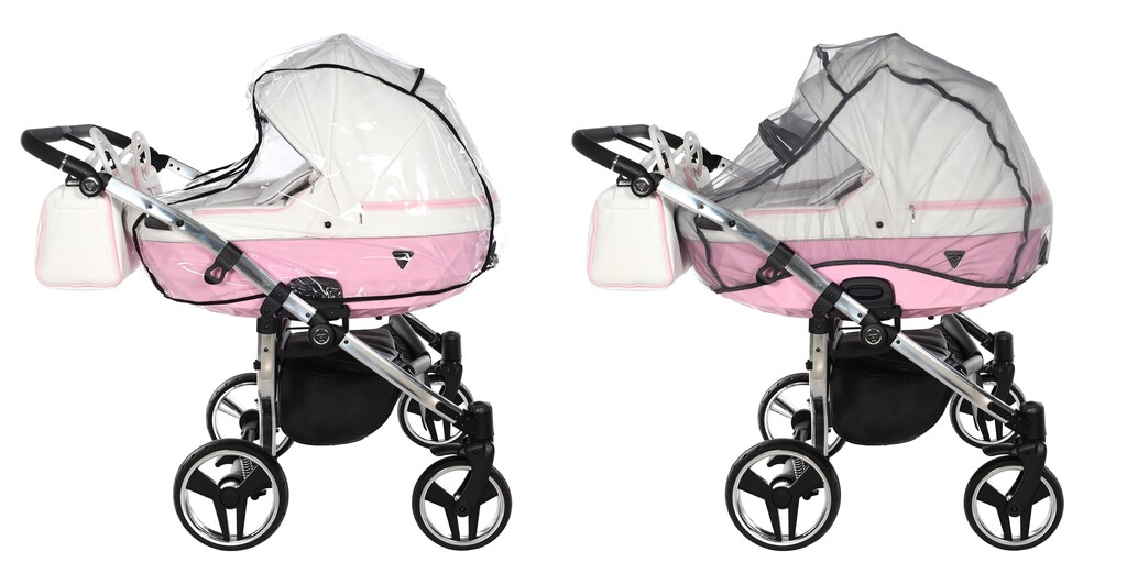 Prezentacja folii przeciwdeszczowej oraz moskitiery na gondoli wózka Junama Candy Duo V2 01 Pink.