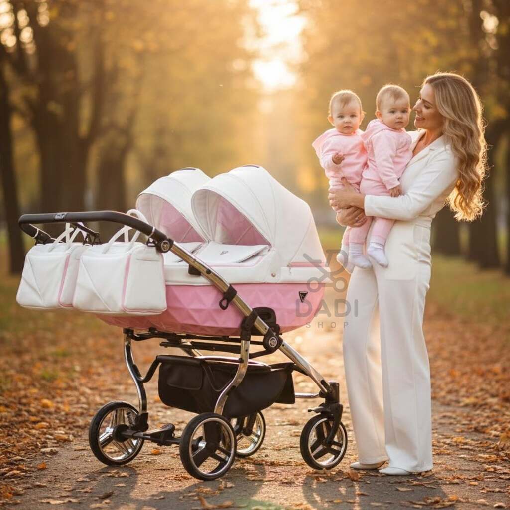 Mama trzymająca bliźniaczki przy różowym wózku Junama Candy Duo V2 01 Pink w jesiennym parku.