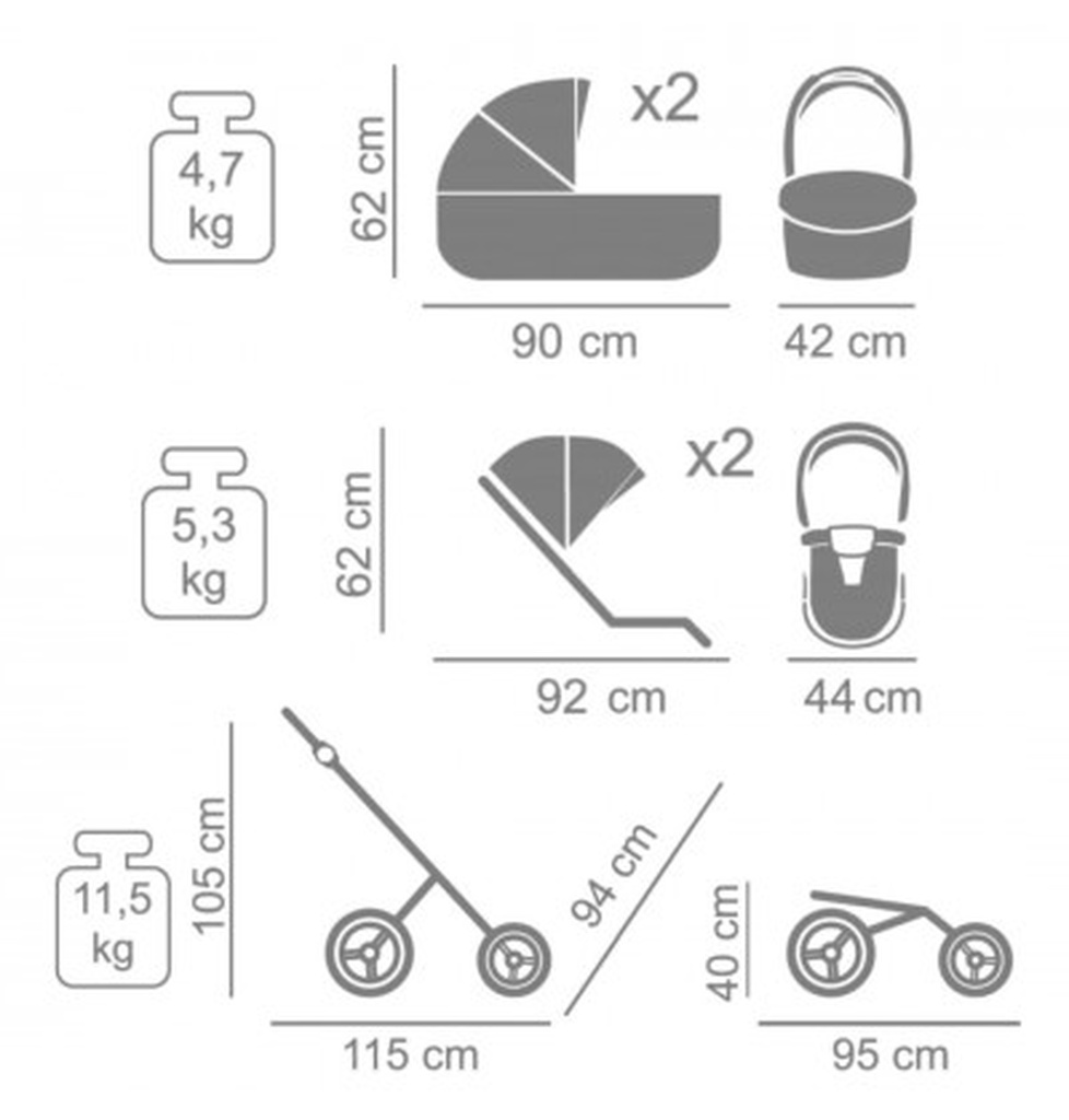 Wymiary i waga Junama Candy Duo V2 01 Pink – schemat techniczny gondoli, spacerówki i stelaża.