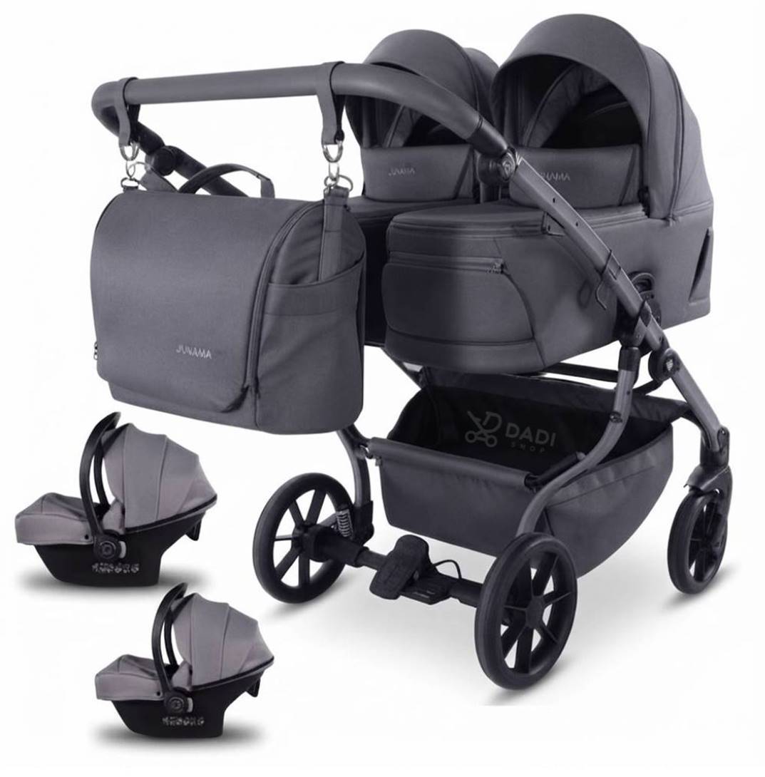 JUNAMA DUO V4 3w1 Graphite 01 – grafitowy wózek bliźniaczy z dwiema gondolami, spacerówkami i fotelikami Avionaut Cosmo i-Size.