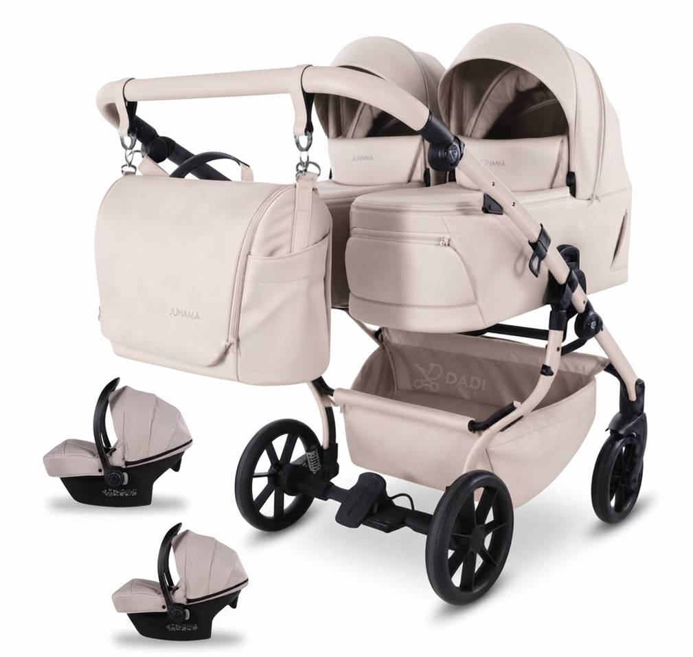Kompletny zestaw JUNAMA DUO V4 3w1 Beige 02 z gondolami i i fotelikami Avionaut Cosmo i-Size.