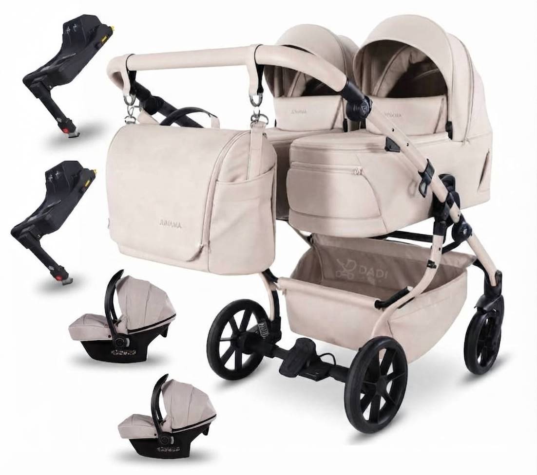 JUNAMA DUO V4 4w1 Beige 02 – beżowy wózek bliźniaczy z gondolami, spacerówkami, fotelikami Avionaut Cosmo i-Size oraz bazami Isofix Dock 2.