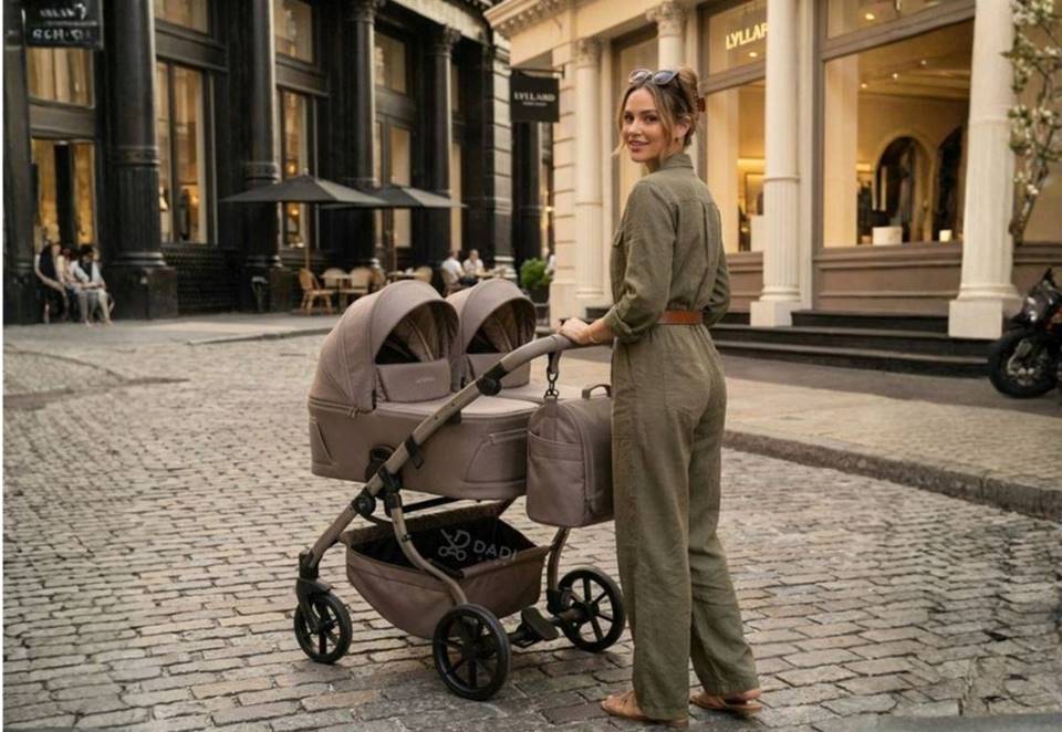 Kobieta spacerująca z bliźniaczym wózkiem Junama DUO V4 4w1 w kolorze Cappuccino 03 w miejskim otoczeniu, układ obok siebie zapewniający komfort i łatwe prowadzenie.