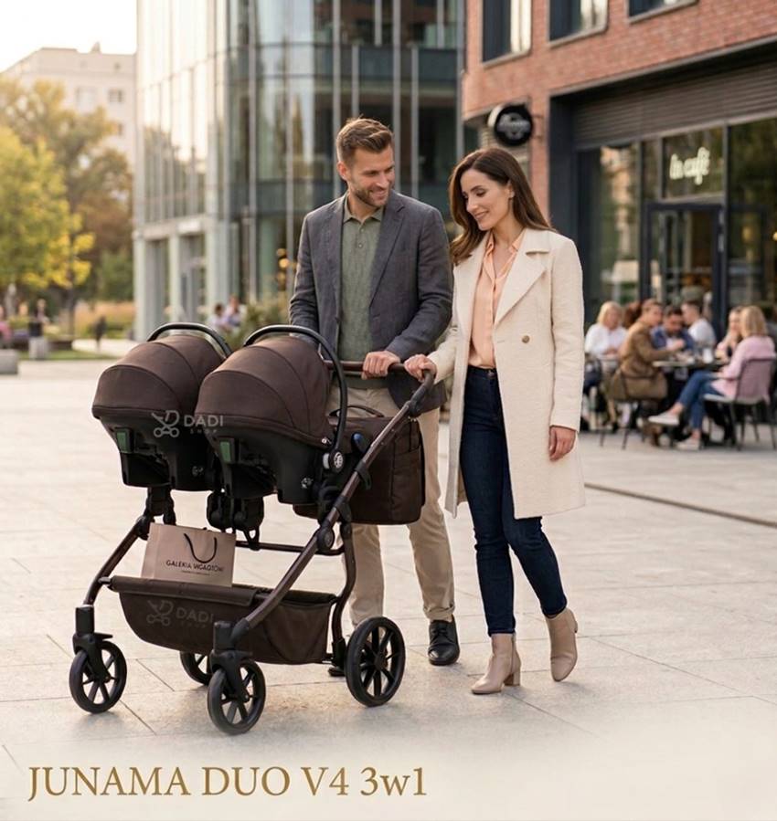 Smiling parents walk with a brown Junama Duo V4 3-in-1 twin pram, with both car seats, on an urban street near a cafe.