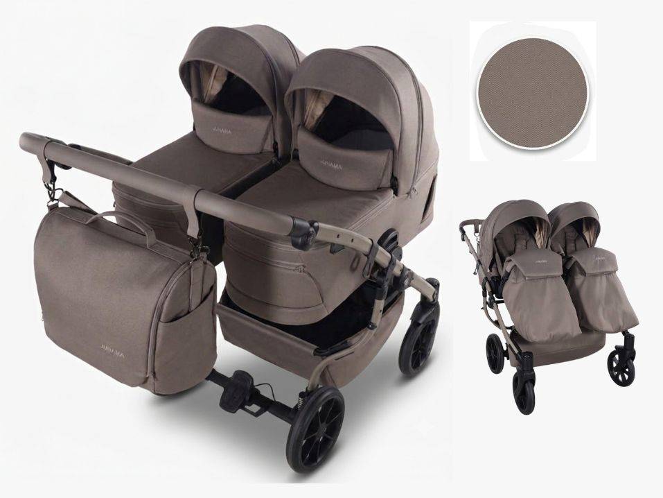 Kompletny pakiet Junama Duo V4 2w1: widok gondoli i spacerówek wraz z torbą pielęgnacyjną i akcesoriami w eleganckim odcieniu cappuccino 03.