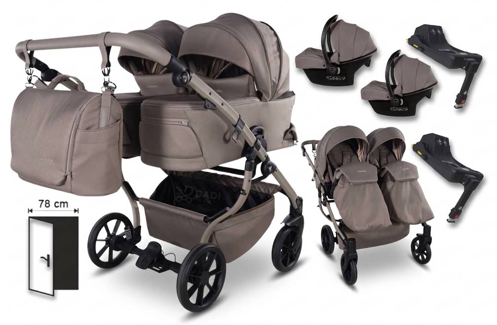 Wózek podwójny Duo V4 z systemem podróżnym bazami isofix i fotelikami w kolorze cappuccino
