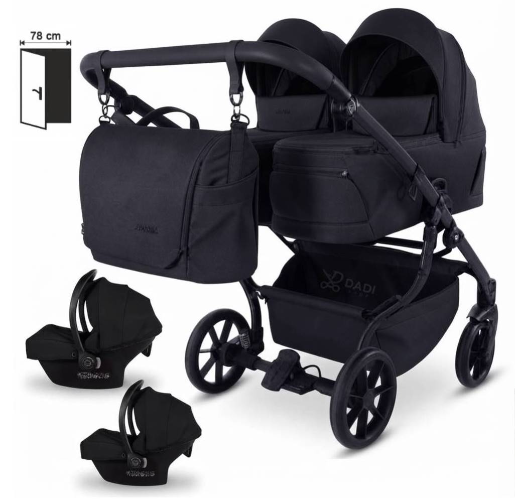 JUNAMA DUO V4 3w1 Black 04 – czarny wózek bliźniaczy z dwiema gondolami, spacerówkami oraz fotelikami Avionaut Cosmo i-Size.