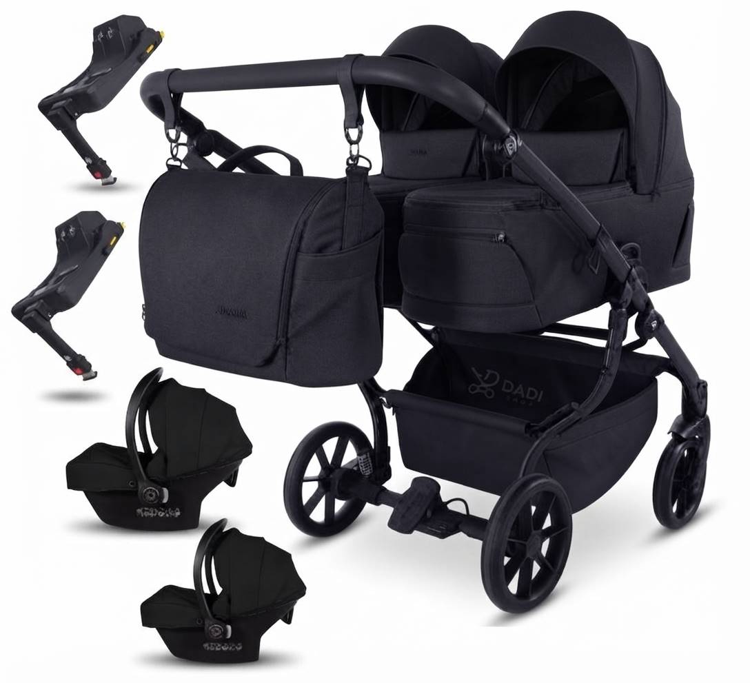 JUNAMA DUO V4 4w1 Black 04 – czarny wózek bliźniaczy z gondolami, spacerówkami, fotelikami Avionaut Cosmo i-Size oraz bazami Isofix Dock 2.