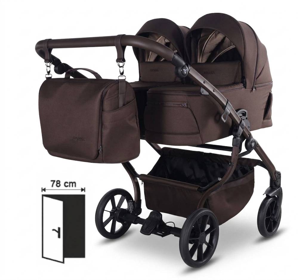 Głęboki wózek dla bliźniaków obok siebie Junama Duo V4, model 05 Chocolate ze wskaźnikiem kompaktowej szerokości 78 cm.