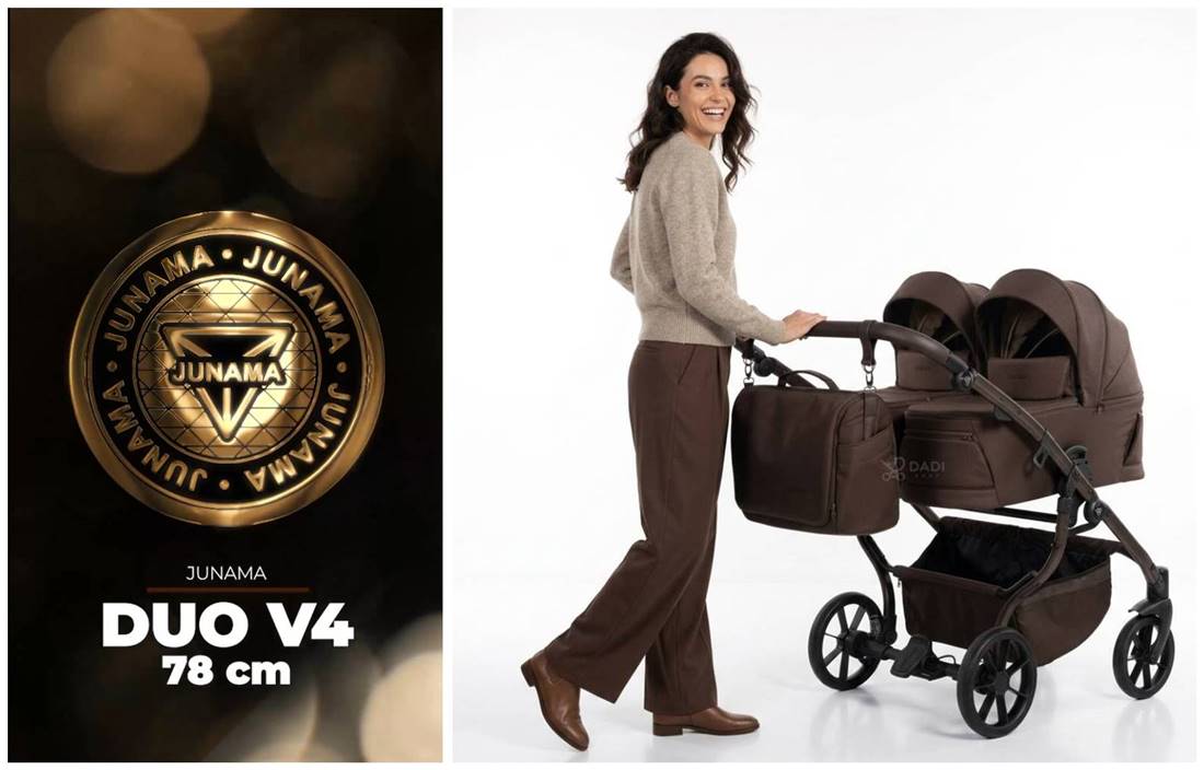 Elegancki wózek bliźniaczy JUNAMA DUO V4 3w1 Chocolate prezentowany przez modelkę