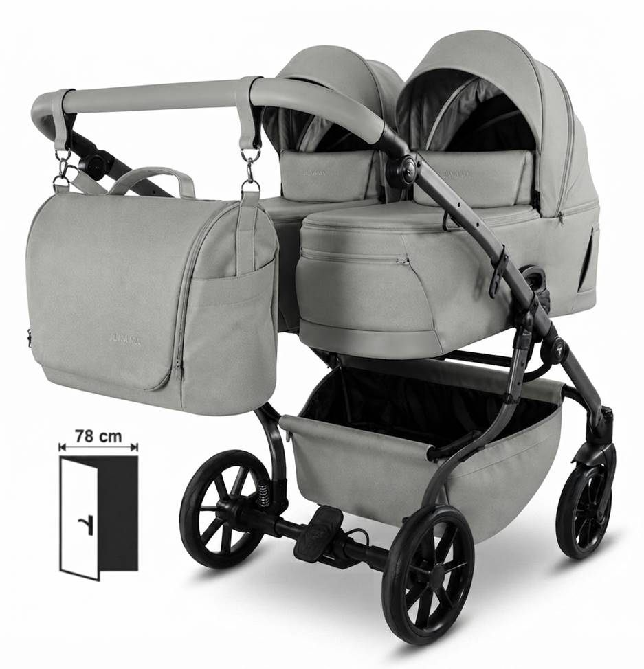 Wózek dla bliźniąt Junama Duo V4 w wersji szałwiowej. Zestaw z dwiema gondolami obok siebie i torbą. Ikona drzwi o szerokości 78 cm.