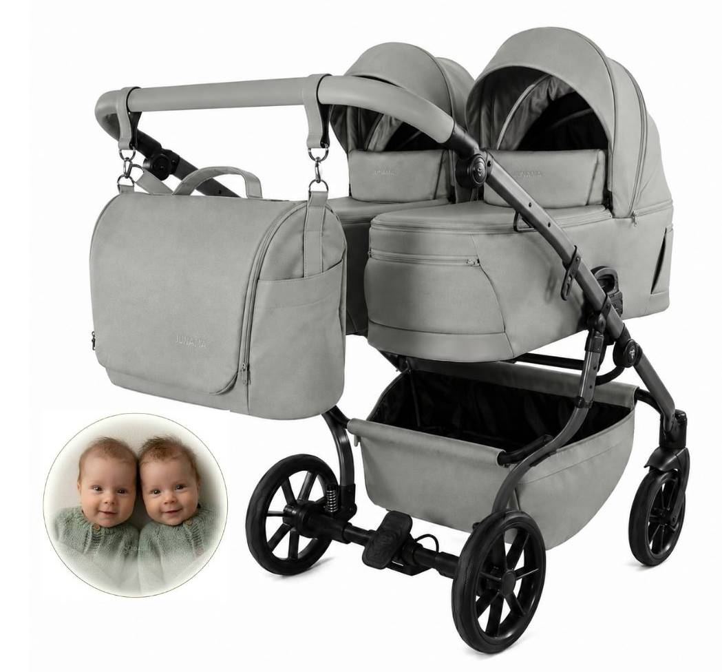 Wózek dla bliźniąt z gondolami obok siebie Junama Duo V4 w kolorze zielonym (Sage). Packshot na białym tle z dodatkową miniaturą dwójki niemowląt.