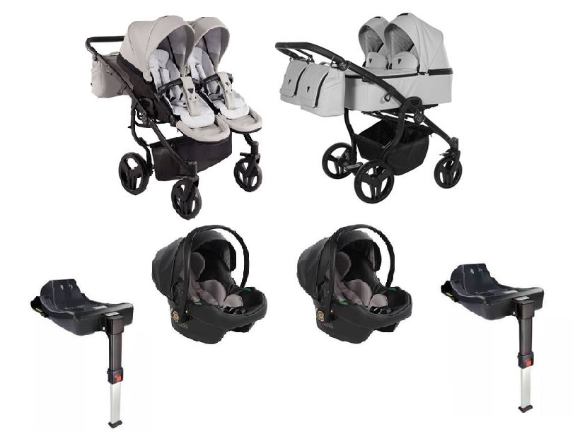 Junama Duo V3 Eco 4w1 wózek bliźniaczy Grey – pełny zestaw: gondole, spacerówki, foteliki, bazy Isofix.