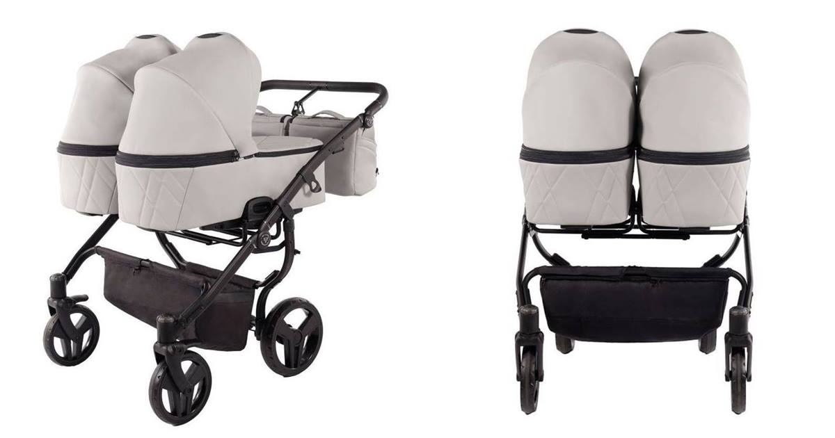 Junama Duo V3 Eco 4w1 Grey – wózek bliźniaczy jeden obok drugiego, widok przód i tył.