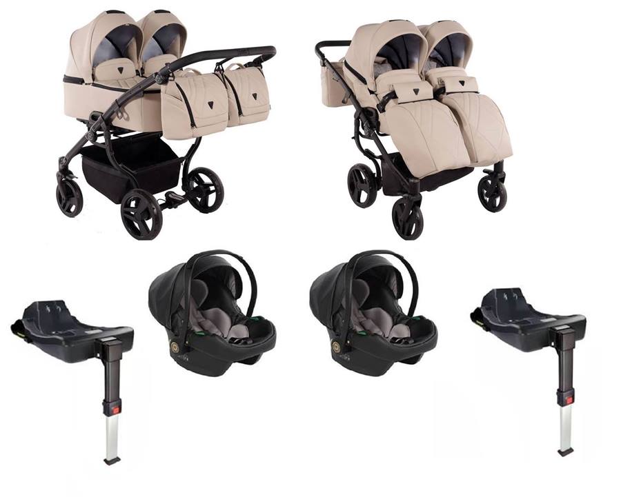 Junama Duo V3 Eco Beige 4w1 – pełny zestaw: gondole, spacerówki, foteliki z bazą Isofix dla bliźniaków.