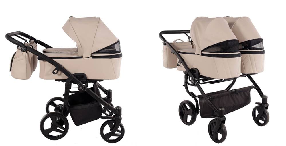 Wózek bliźniaczy Junama Duo V3 Eco Beige – widok gondoli z panelem wentylacyjnym z tyłu.