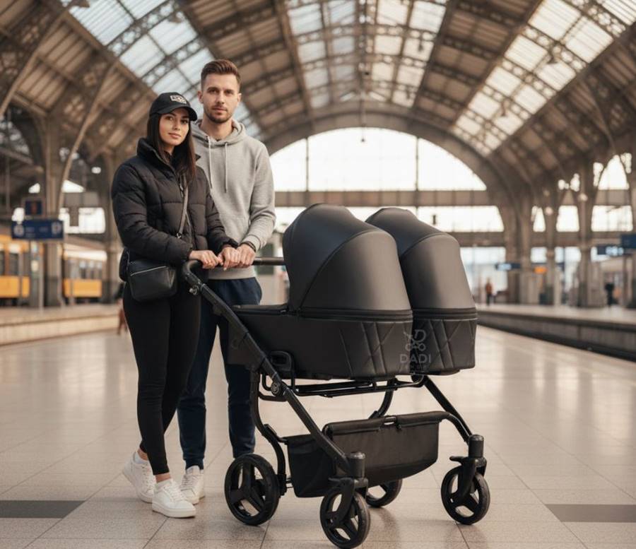 Gondole wózka bliźniaczego Junama Duo V3 Eco Black obok siebie, rodzina spaceruje po mieście.