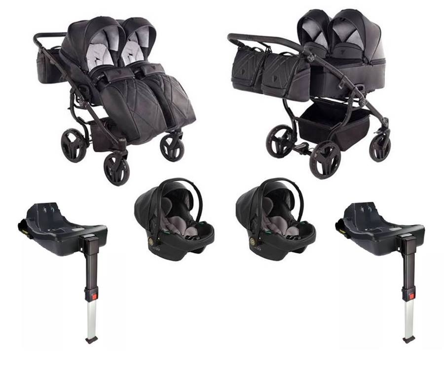 Junama Duo V3 Eco 4w1 Black – wózek bliźniaczy w pełnym zestawie w studio.