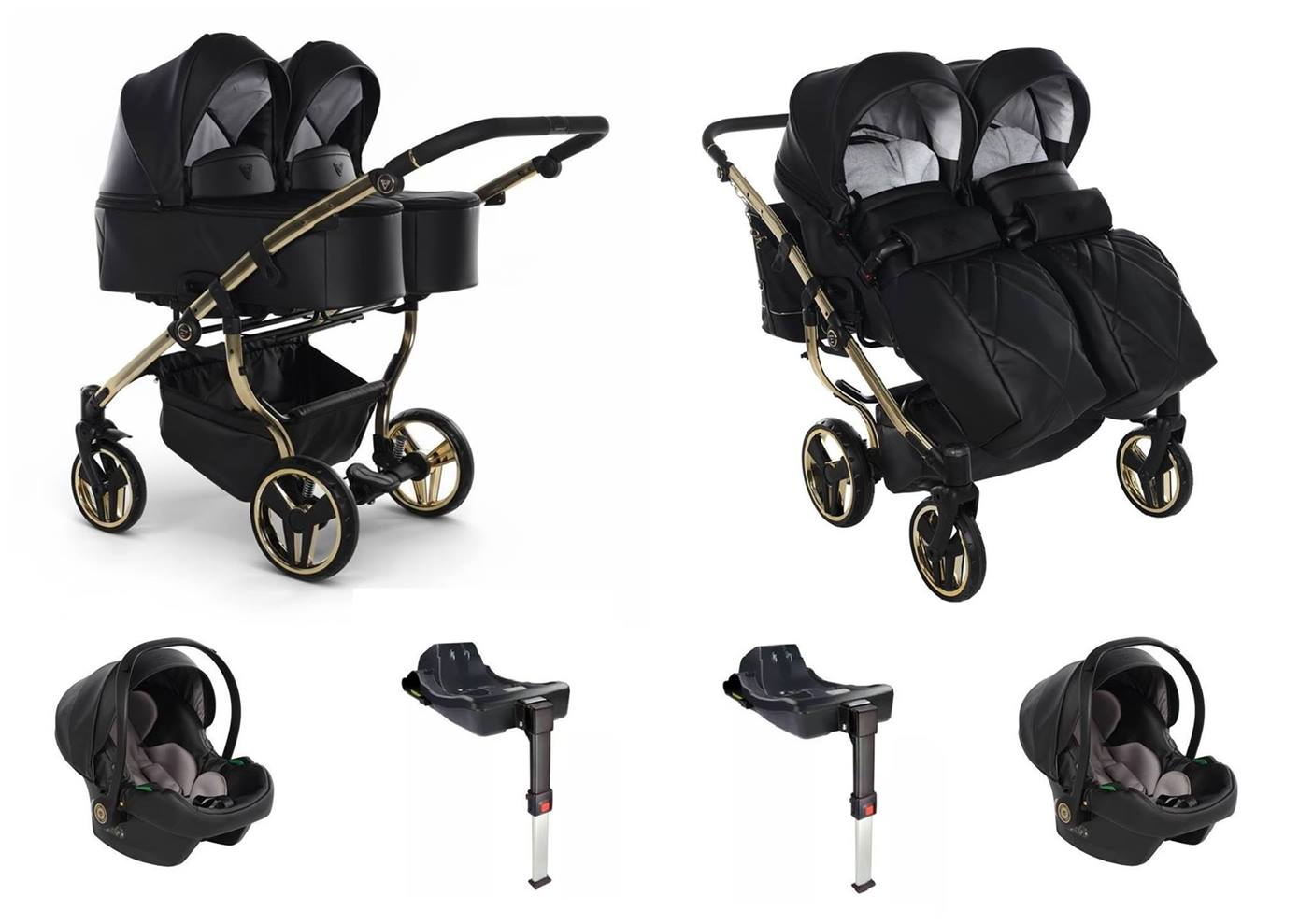 Junama Duo V3 Eco 4w1 twin stroller – komplet gondole, spacerówki, foteliki i bazy Isofix Black & Gold 03.