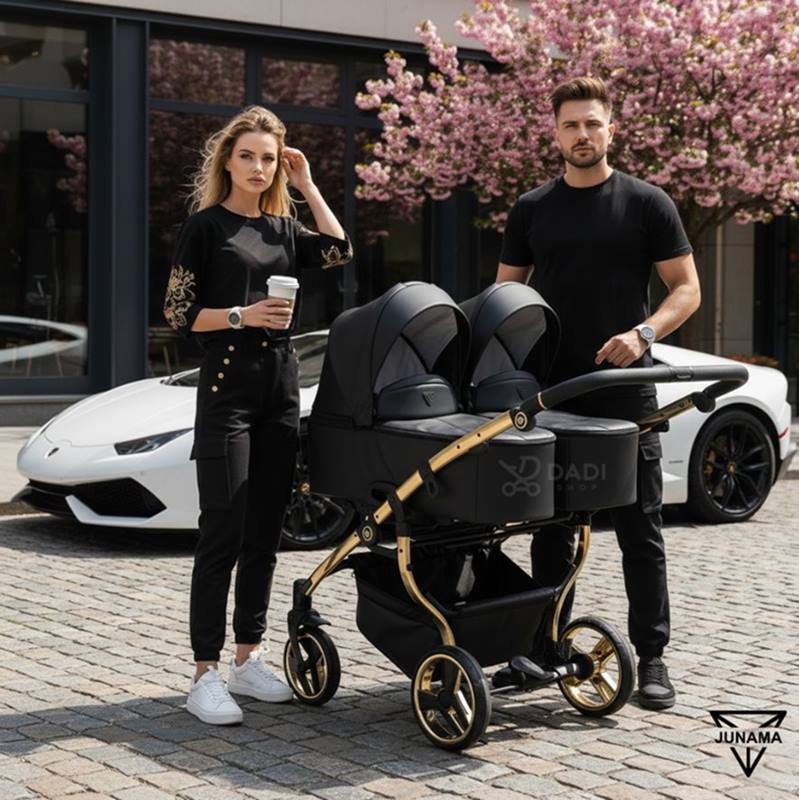 Couple standing with Junama Duo V3 Eco twin stroller in city setting, stylish urban lifestyle with Lamborghini in background.