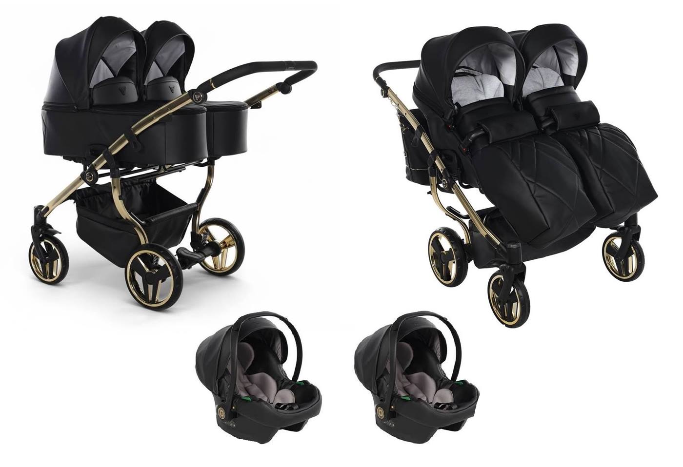 Junama Duo V3 Eco 3w1 wózek bliźniaczy czarno-złoty z gondolami, spacerówkami i fotelikami