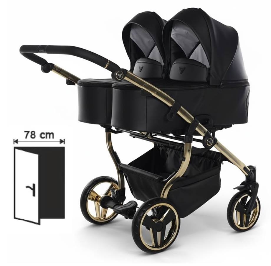 Junama Duo V3 – wózek bliźniaczy 3w1 w kolorze 03 Black Gold Eco, gondole.