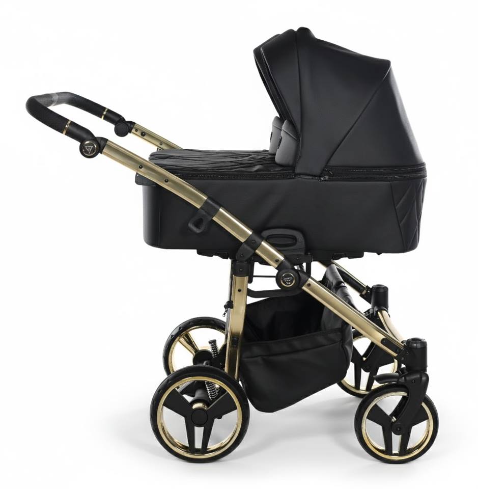 Nowoczesny stelaż wózka bliźniaczego Junama Duo V3 Eco Black & Gold o szerokości 78 cm – lekki i wytrzymały. dadi-shop
