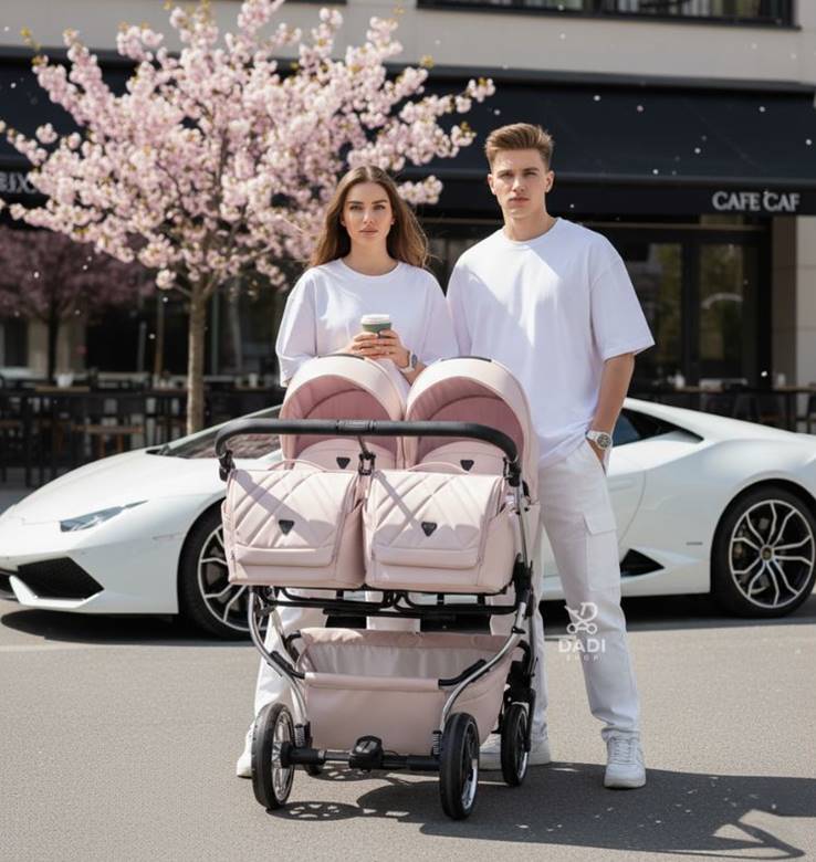 Młoda para na spacerze z podwójnym wózkiem Junama Duo V3 Eco Rosa w sesji lifestyle.