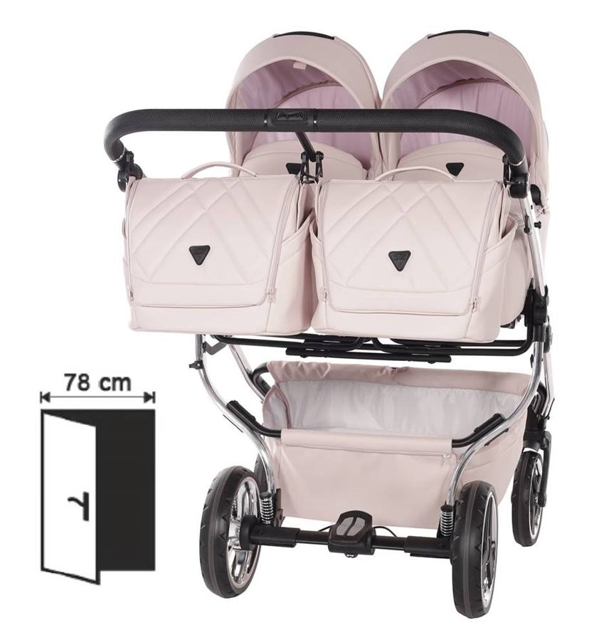 Wózek bliźniaczy Junama Duo V3 Eco Rosa z gondolami obok siebie i stelażem 78 cm szerokości.